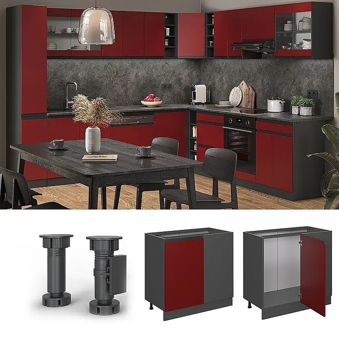 Vicco Eckunterschrank R-Line, Rot, 86 cm -  - Moderne Küche in Rot und Dunkelgrau mit modularen Unterschränken, verstellbaren Füßen und Stauraum.