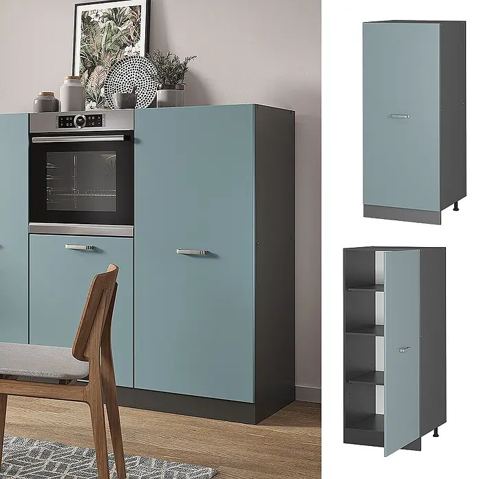 Vicco Schrankküche R-Line Blau-Grau - Blau-Grau, Vorratsschrank 60 cm - Blaugraue Küchenschränke mit dunkelgrauen Seiten, integriertem Backofen und Stauraumschränken mit silbernen Griffen.