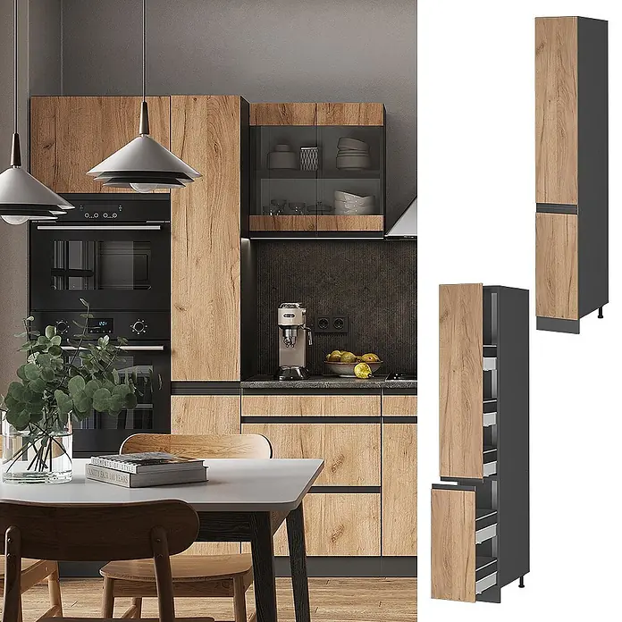 Vicco Apothekerschrank R-Line, Goldkraft Eiche, 30 cm -  - Moderne Küchenschränke mit Holzoptikfronten und dunkelgrauen Akzenten, inklusive eines Hochschranks mit Auszügen.