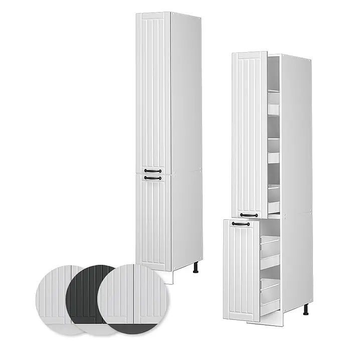 Apothekerschrank Fame-Line 30 cm Weiß Landhaus Art.-Nr. 40666 -  - Zwei hohe weiße Küchenschränke mit gerillten Türen und schwarzen Griffen, einer offen mit Auszügen.