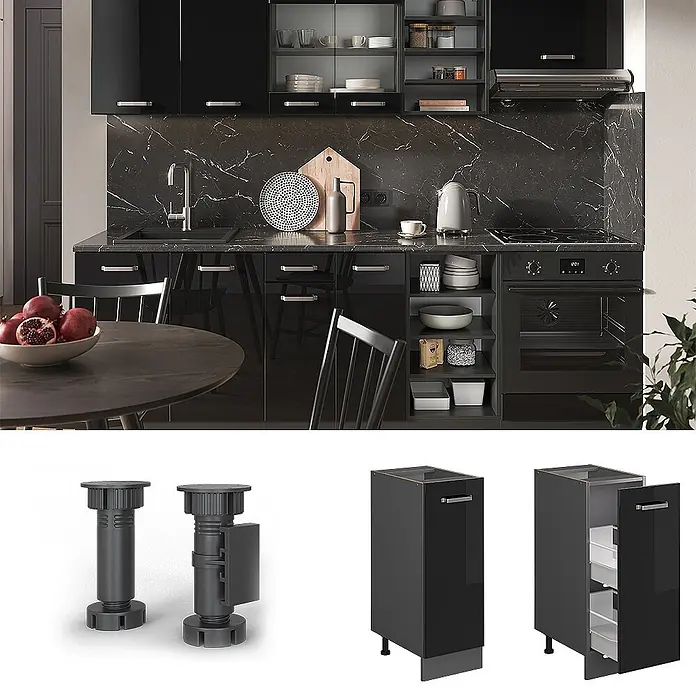 Vicco Schrankküche R-Line Schwarz Hochglanz ohne Arbeitsplatte - Schwarz Hochglanz, Apothekerunterschrank 30 cm - Schwarze, verstellbare Küchenschrankfüße und ein glänzender schwarzer Unterschrank mit Schubladen, in einer modernen Küche gezeigt.