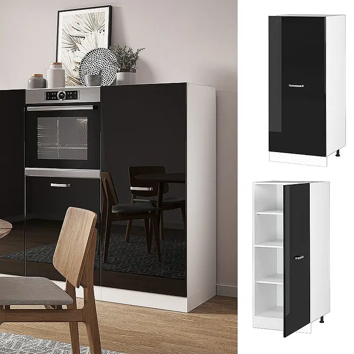 Vicco Vorratsschrank R-Line, Schwarz Hochglanz, 60 cm -  - Glänzender schwarz-weißer Schrank mit einer Tür und Einlegeböden, ideal für Küche oder Essbereich.