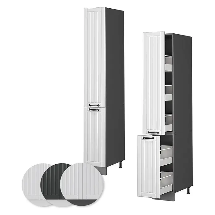 Apothekerschrank Fame-Line 30 cm Weiß Landhaus Art.-Nr. 40662 -  - Hoher Küchenschrank mit weißen gerillten Türen und dunkelgrauem Korpus, geschlossen und geöffnet mit Auszugsfächern. Farbmuster zeigen Türvarianten.