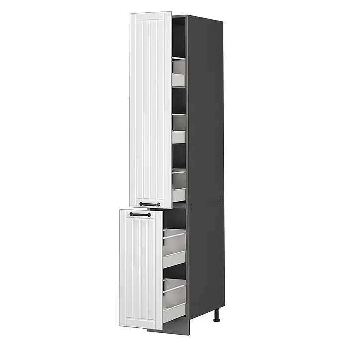Apothekerschrank Fame-Line 30 cm Weiß Landhaus Art.-Nr. 40662 -  - Hoher weißer Küchenschrank mit vertikalen Lattenfronten und dunkelgrauem Korpus, geöffnet mit hellgrauen Auszügen.