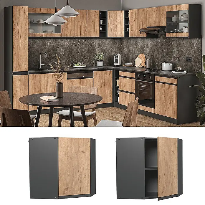 Vicco Eckhängeschrank R-Line, Goldkraft Eiche, 57 cm -  - Moderne Küche mit Holzmaserung und dunkelgrauen Schränken. Eck-Hängeschrank geschlossen und offen gezeigt.