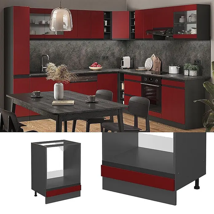 Vicco Herdumbauschrank R-Line, Rot, 60 cm -  - Modulbarer dunkelgrauer Küchenunterschrank mit roter Front, in einer modernen Küche dargestellt.