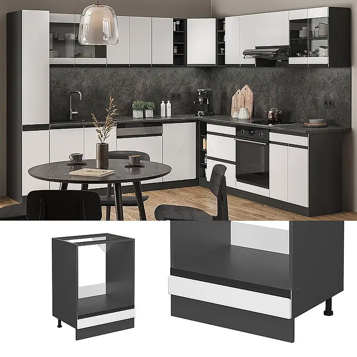 Vicco Herdumbauschrank R-Line, Weiß, 60 cm -  - Dunkelgrauer modularer Küchenunterschrank mit weißen Akzenten, für Backofen, in moderner Küche.