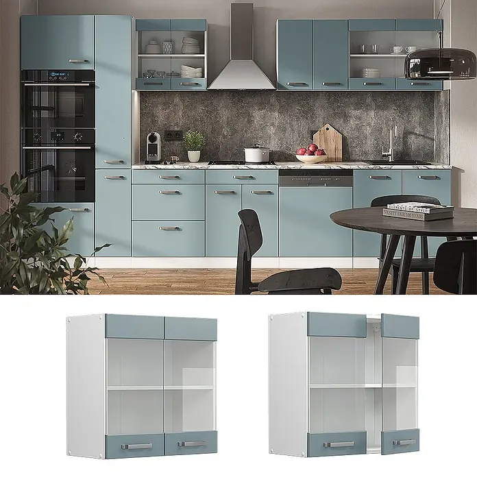 Küchenglasschrank R-Line 60 cm Blau-Grau Art.-Nr. 41165 -  - Moderner blau-grauer Hängeschrank mit Glastüren und kleinen Schubladen für die Küchenaufbewahrung.