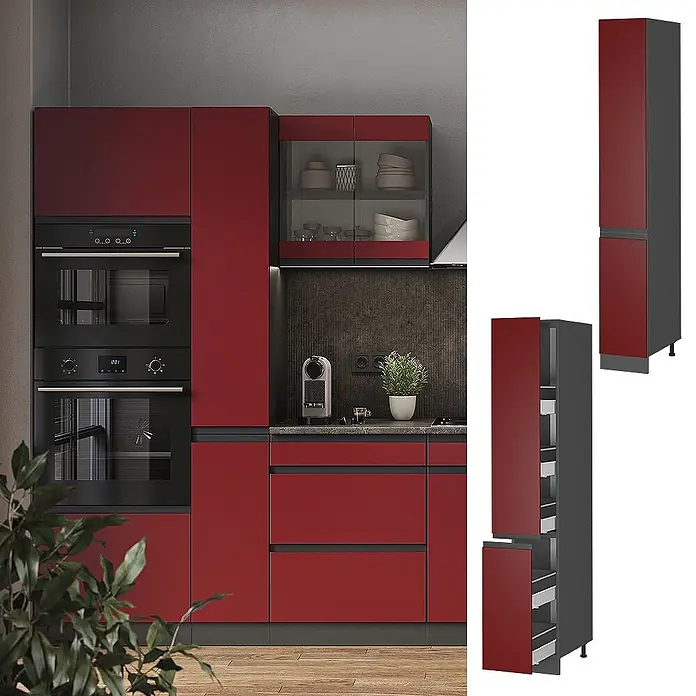 Vicco Apothekerschrank R-Line, Rot, 30 cm -  - Moderne rote Küchenschränke: ein Hochschrank und ein Unterschrank mit Schubladen, auch als separate modulare Möbelteile gezeigt.