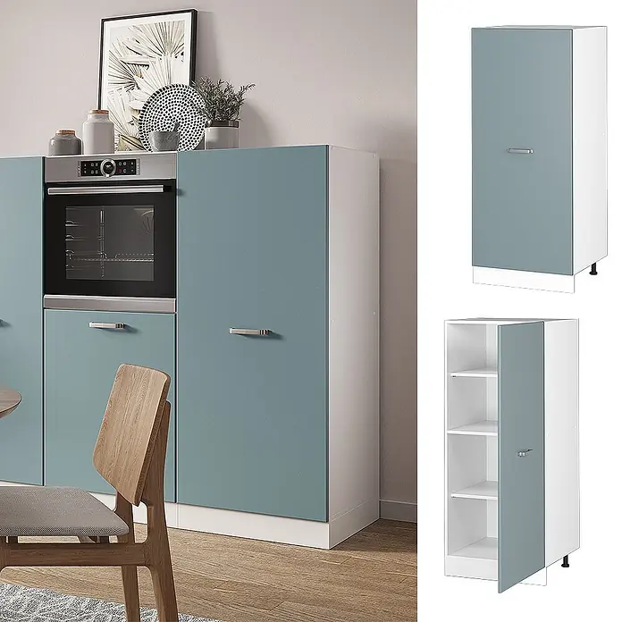 Vicco Schrankküche R-Line Blau-Grau - Blau-Grau, Vorratsschrank 60 cm - Blaugraues Küchenhochschranksystem mit integriertem Backofen und Stauraum in einer modernen Küche.
