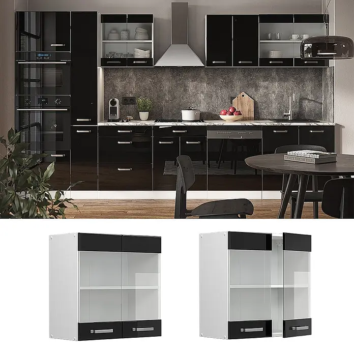 Vicco Küchenglasschrank R-Line, Schwarz Hochglanz, 60 cm -  - Moderner schwarz-weißer Küchenoberschrank mit glänzend schwarzem Rahmen, Glastüren und zwei unteren Schubladen zur Aufbewahrung.