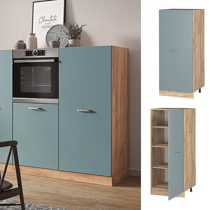 Vicco Schrankküche R-Line Blau-Grau - Blau-Grau, Vorratsschrank 60 cm - Küchenschränke mit tealfarbenen Fronten und Holzoptik-Seiten, inklusive integriertem Backofen. Hohe und niedrige Lagereinheiten.