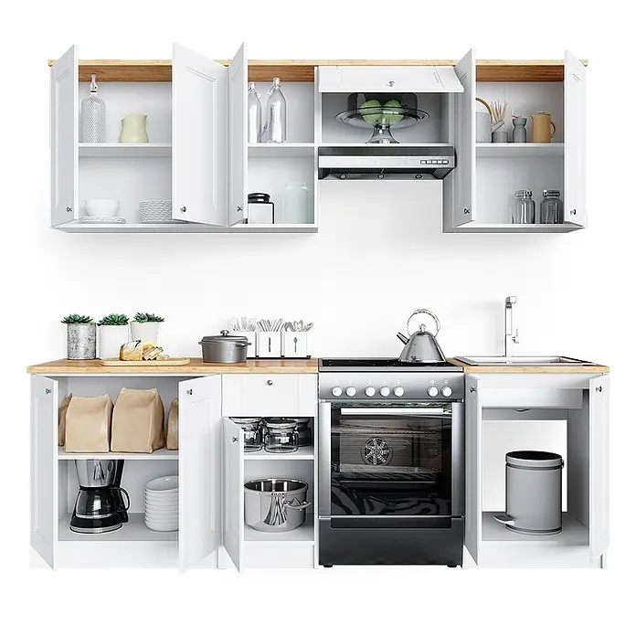 Vicco Küchenzeile Bergamo, Weiß, 240 cm -  - Weiße modulare Küchenzeile mit heller Holzplatte, Ober- und Unterschränken, integriertem Herd, Backofen und Spüle.