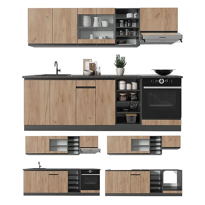 Vicco Küchenzeile R-Line, Goldkraft Eiche/Anthrazit, 240 cm -  - Moderne Küchenzeile mit hellbraunen Holzfronten und dunkelgrauen Elementen, inklusive Backofen, Spüle und Stauraum.