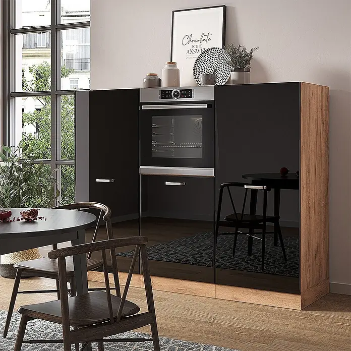 Vicco Küchenleerblock R-Line Schwarz Hochglanz/Goldkraft Eiche ohne Arbeitsplatte - Schwarz Hochglanz - Modernes Highboard in Schwarzglanz mit hellem Holzrahmen und integriertem Backofen im Essbereich.