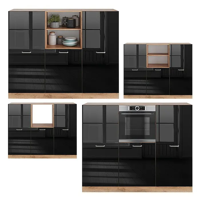 Vicco Küchenleerblock R-Line Schwarz Hochglanz/Goldkraft Eiche ohne Arbeitsplatte - Schwarz Hochglanz - Modulares Küchenschranksystem in Schwarz Hochglanz mit hellen Holzablagen und integriertem Ofen.