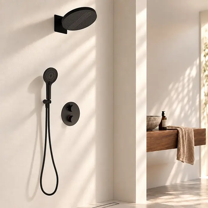 LOMAZOO Unterputz-Duschset Caesar Regendusche 30 cm Thermostat Schwarz matt -  - Mattschwarzes Duschsystem mit Kopf- und Handbrause sowie Bedienelementen in einem modernen Badezimmer.