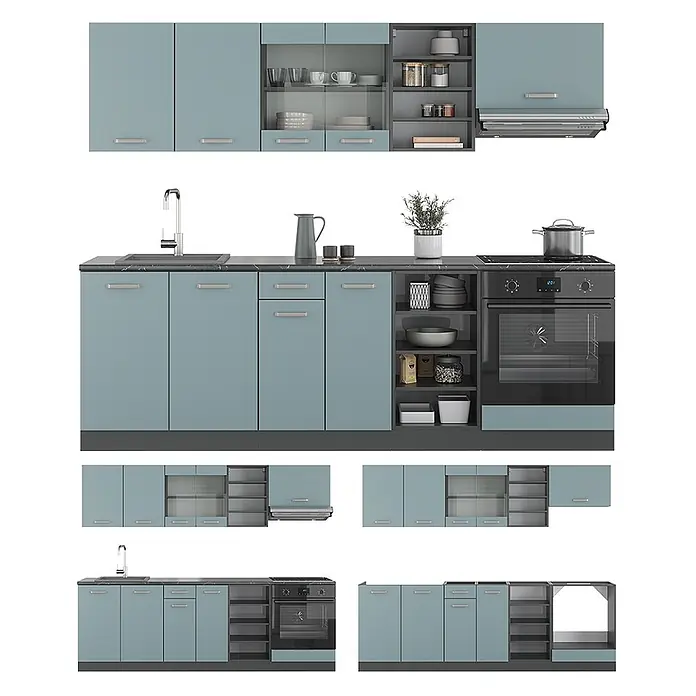 Vicco Küchenzeile R-Line, Blau-Grau/Anthrazit, 240 cm -  - Modulares hellblaues Küchenset mit dunkelgrauen Elementen, inklusive Spüle, Herd und Backofen.