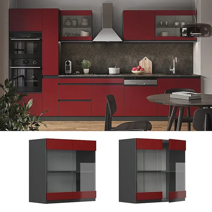 Vicco Küchenglasschrank R-Line, Rot, 60 cm -  - Roter Küchenwandschrank mit Glastüren, in einer modernen Küchenumgebung dargestellt.