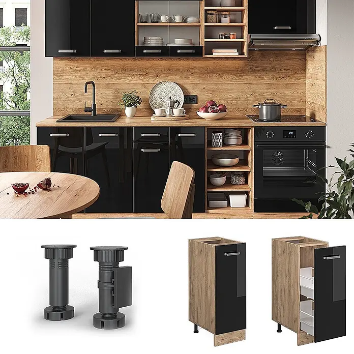 Vicco Schrankküche R-Line Schwarz Hochglanz, AP Eiche - Schwarz Hochglanz, Apothekerunterschrank 30 cm - Moderne Küche mit schwarzen Hochglanzschränken, Holzoberflächen und integriertem Backofen und Spüle.