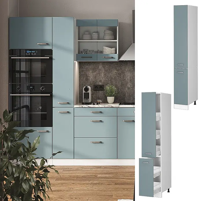 Vicco Schrankküche R-Line Blau-Grau - Blau-Grau, Apothekerhochschrank 30 cm - Hellblaue Küchenschränke mit integrierten Öfen und hohen Vorratsschränken, einer mit Auszugsböden.
