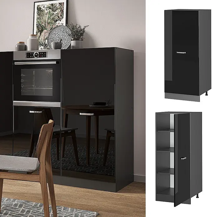 Vicco Vorratsschrank R-Line, Schwarz Hochglanz, 60 cm -  - Schwarze Hochglanz-Küchenschränke mit integriertem Backofen und Stauräumen in einer modernen Küche.
