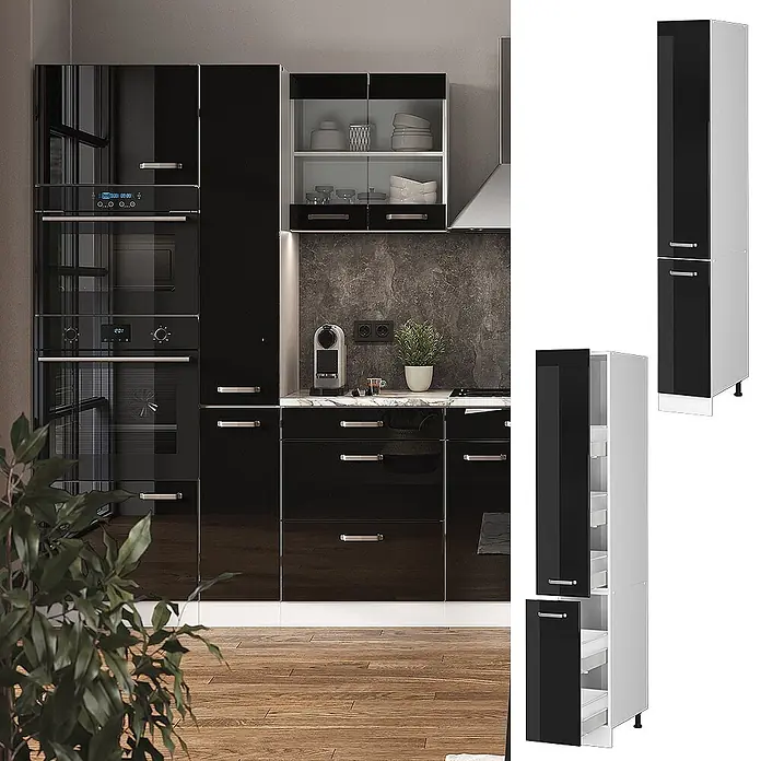 Vicco Apothekerschrank R-Line, Schwarz Hochglanz, 30 cm -  - Moderne Küche in Hochglanz-Schwarz mit integrierten Geräten; separate hohe Schwarz-Weiß-Schränke abgebildet.