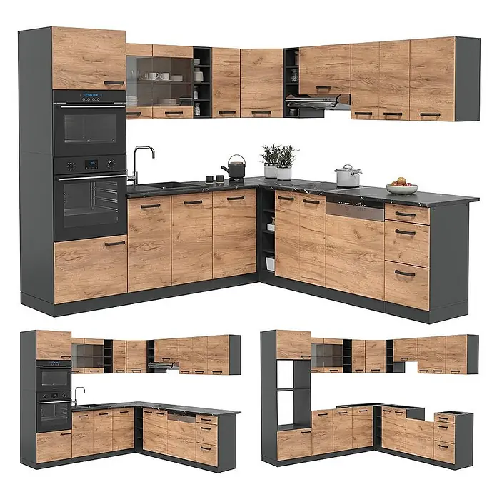 Eckküche R-Line 247 cm Goldkraft Eiche Art.-Nr. 42970 -  - Moderne L-förmige Küche mit Holzoptik-Fronten, dunkelgrauen Rahmen und Arbeitsplatten. Inklusive integriertem Backofen, Mikrowelle, Spüle und Geschirrspüler.