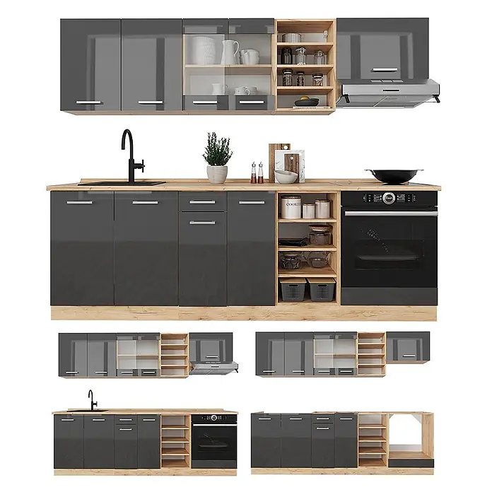 Vicco Küchenzeile R-Line, Anthrazit Hochglanz/Goldkraft Eiche, 240 cm -  - Modulare Küchenzeile mit hochglanz grauen Schränken, Holzplatten und integrierten Geräten wie Spüle, Ofen, Dunstabzug.