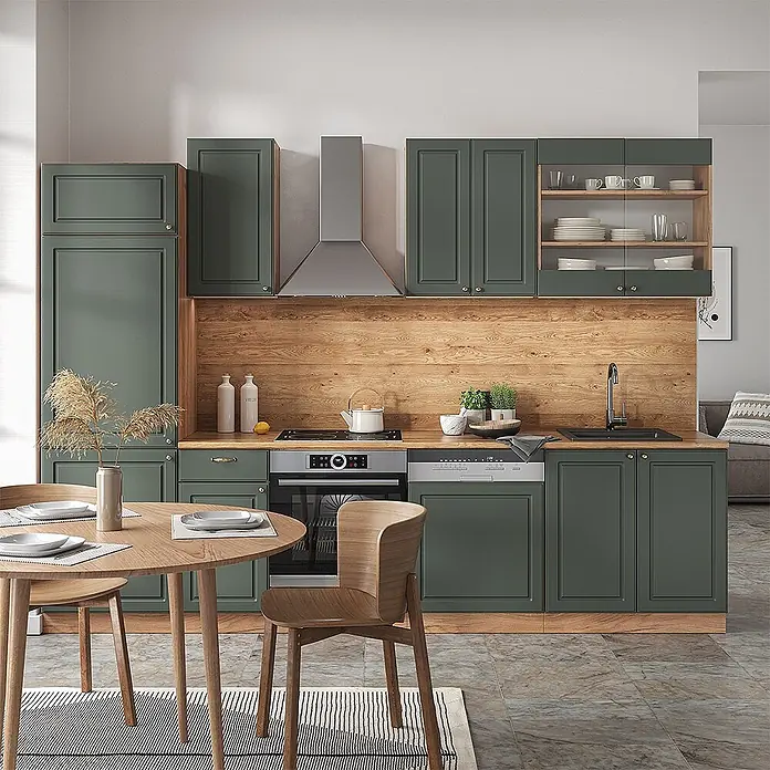 Vicco Küchenzeile Fame-Line, Grün-Gold Landhaus/Goldkraft Eiche, 300 cm -  - Moderne Küche mit dunkelgrünen Schränken, heller Holz-Arbeitsplatte und integrierten Geräten.