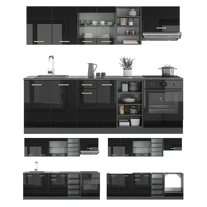 Vicco Küchenzeile R-Line, Schwarz Hochglanz/Anthrazit, 240 cm -  - Komplette hochglanzschwarze modulare Küche mit Spüle, Backofen, Kochfeld und verschiedenen Schränken.