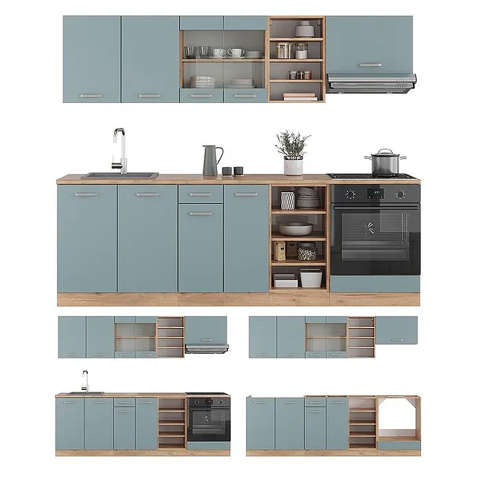 Vicco Küchenzeile R-Line, Blau-Grau/Goldkraft Eiche, 240 cm -  - Hellblaue modulare Küchenschränke mit Holzdetails, inkl. Spüle, Ofen und Kochfeld.
