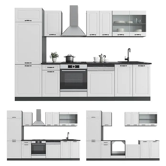 Vicco Küchenzeile R-Line, Weiß Landhaus/Anthrazit, 300 cm -  - Weißes, modulares Küchenschrank-Set mit schwarzen Griffen, schwarzer Arbeitsplatte, integriertem Ofen, Kochfeld, Spüle und Geschirrspüler. Zeigt verschiedene Konfigurationen.