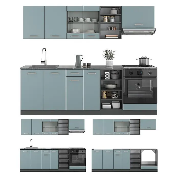 Vicco Küchenzeile R-Line, Blau-Grau/Anthrazit, 240 cm -  - Modulare Küche in Hellblau und Dunkelgrau mit integrierten Geräten und Stauraum, in verschiedenen Konfigurationen dargestellt.