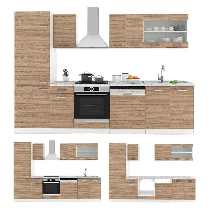 Vicco Küchenzeile R-Line, Sonoma/Weiß, 300 cm -  - Modulare Küche in heller Holzmaserung mit integriertem Backofen, Kochfeld, Spüle und Geschirrspüler, mit Ober- und Unterschränken.