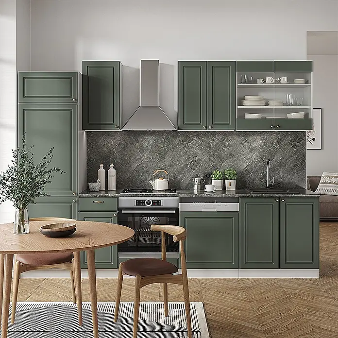 Vicco Küchenzeile Fame-Line, Grün-Gold Landhaus/Weiß, 300 cm -  - Moderne grüne Küche mit integrierten Geräten, dunklen Arbeitsplatten und einer hölzernen Essgruppe.