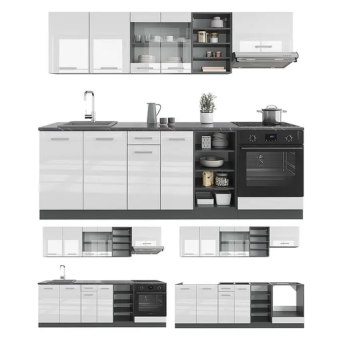 Vicco Küchenzeile R-Line, Weiß Hochglanz/Anthrazit, 240 cm -  - Modulare weiße Hochglanzküche mit dunkelgrauen Arbeitsplatten, offenen Regalen, Spüle, Kochfeld, Backofen und Dunstabzugshaube.
