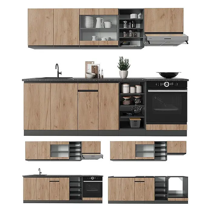 Vicco Küchenzeile R-Line, Goldkraft Eiche/Anthrazit, 240 cm -  - Modulare Küchenzeile mit hellen Holzfronten, dunkelgrauen Arbeitsplatten und Regalen. Mit Spüle, Ofen und Dunstabzugshaube.
