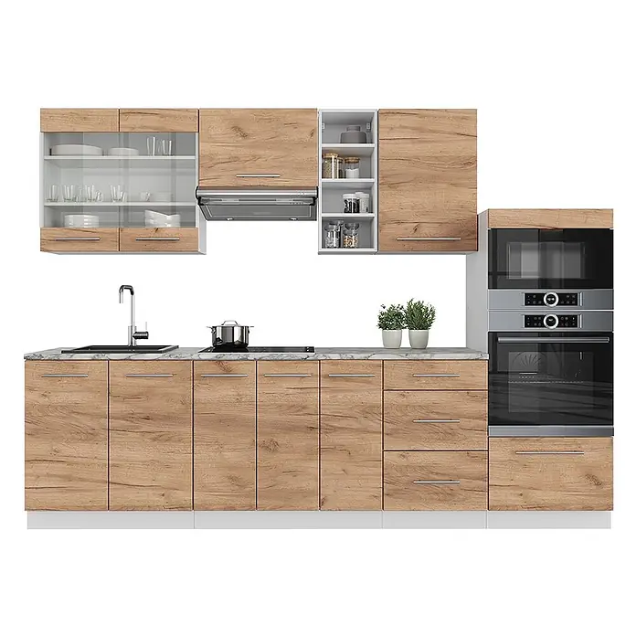 Küchenzeile Fame-Line 280 cm Goldkraft Eiche Art.-Nr. 42366 -  - Helle Holzoptik- und weiße Modulküche mit Ober- und Unterschränken, Spüle, Kochfeld, Backofen und Mikrowelle.