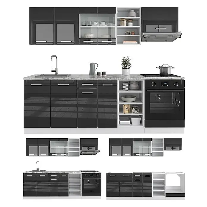 Vicco Küchenzeile R-Line, Anthrazit Hochglanz/Weiß, 240 cm -  - Moderne glänzend schwarze Küchenzeile mit weißer Marmor-Arbeitsplatte, integrierter Spüle, Herd, Backofen und offenen Regalen.