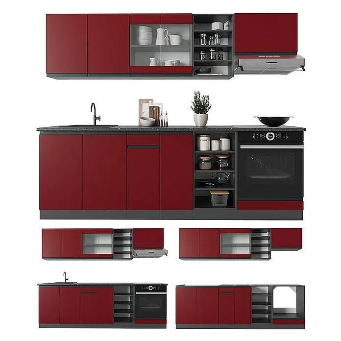 Vicco Küchenzeile R-Line, Rot/Anthrazit, 240 cm -  - Modulare Küchenzeile mit dunkelroten Schränken, dunkelgrauen Rahmen, Arbeitsplatte, Spüle, Backofen und Dunstabzugshaube. Mit offenen und verglasten Elementen.