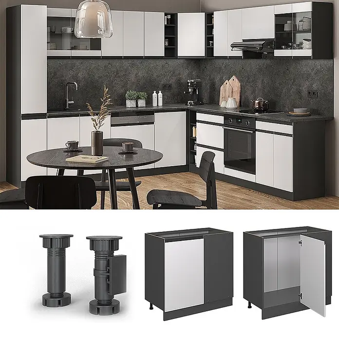 Vicco Eckunterschrank R-Line, Weiß, 86 cm -  - Moderne modulare Küche mit dunkelgrauen Unterschränken und weißen Türen, mit verstellbaren Stützfüßen.