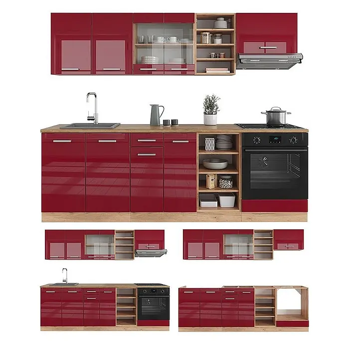Vicco Küchenzeile R-Line, Rot Hochglanz/Goldkraft Eiche, 240 cm -  - Rote Hochglanz-Modulküche mit hellen Holzdetails, Schränken, offenen Regalen, Spüle, Kochfeld und Backofen.
