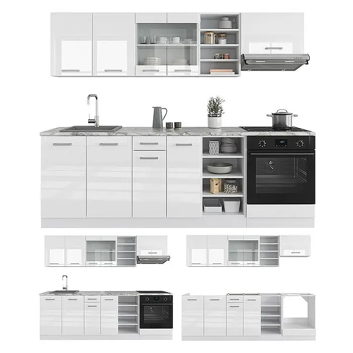 Vicco Küchenzeile R-Line, Weiß Hochglanz/Weiß, 240 cm -  - Glänzende, weiße Modulküche mit Marmor-Arbeitsplatte, Spüle, Kochfeld und Backofen. Oben- und Unterschränke mit Regalen.