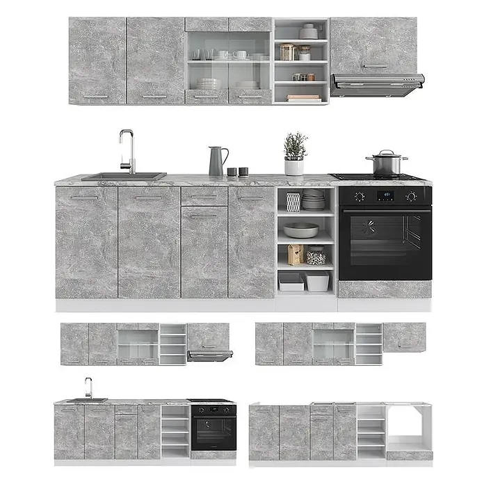 Vicco Küchenzeile R-Line, Beton/Weiß, 240 cm -  - Komplette Küchenzeile mit grauen Betonoptik-Schränken, Spüle, integriertem Backofen und Kochfeld.