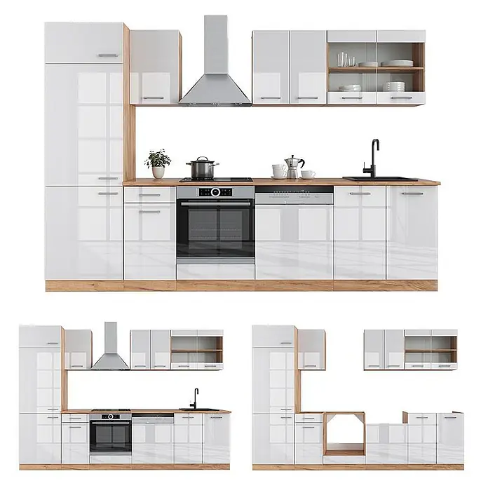 Vicco Küchenzeile R-Line, Weiß Hochglanz/Goldkraft Eiche, 300 cm -  - Moderne weiße Küchenzeile mit hellen Holzdetails, umfasst Schränke, Backofen, Kochfeld, Spüle und Dunstabzug in verschiedenen Konfigurationen.