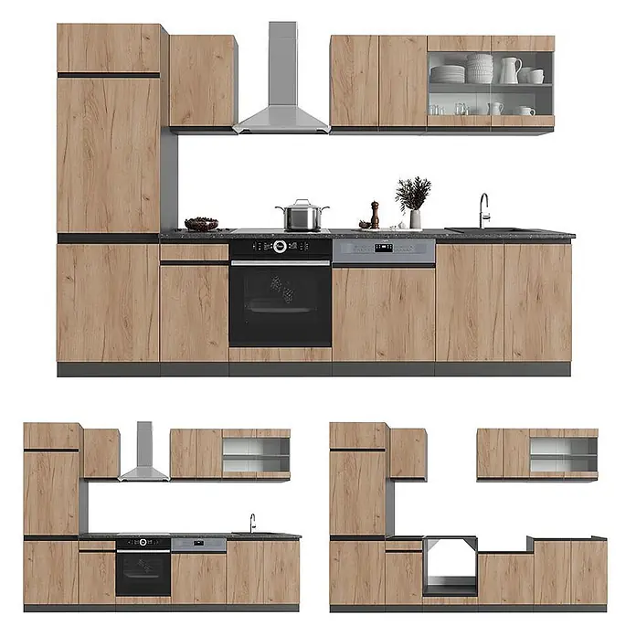 Küchenzeile R-Line 300 cm Goldkraft Eiche Art.-Nr. 42960 -  - Moderne modulare Küche mit hellen Holzfronten und dunkelgrauen Arbeitsplatten, inklusive integrierter Geräte und Dunstabzugshaube.