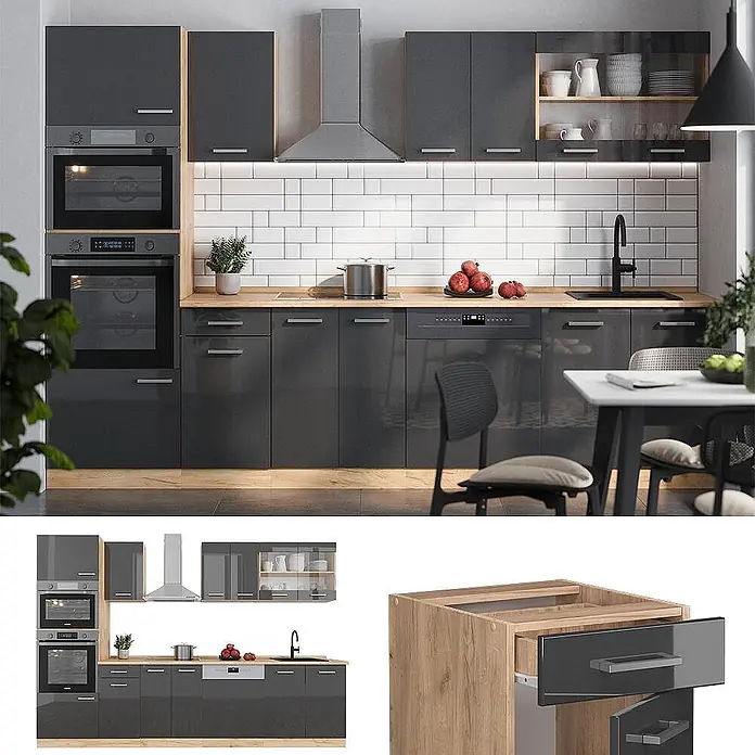 Vicco Küchenzeile R-Line, Anthrazit Hochglanz/Goldkraft Eiche, 300 cm -  - Modernes Küchenensemble mit dunkelgrauen Hochglanzschränken, hellen Holz-Arbeitsplatten und integrierten Geräten.