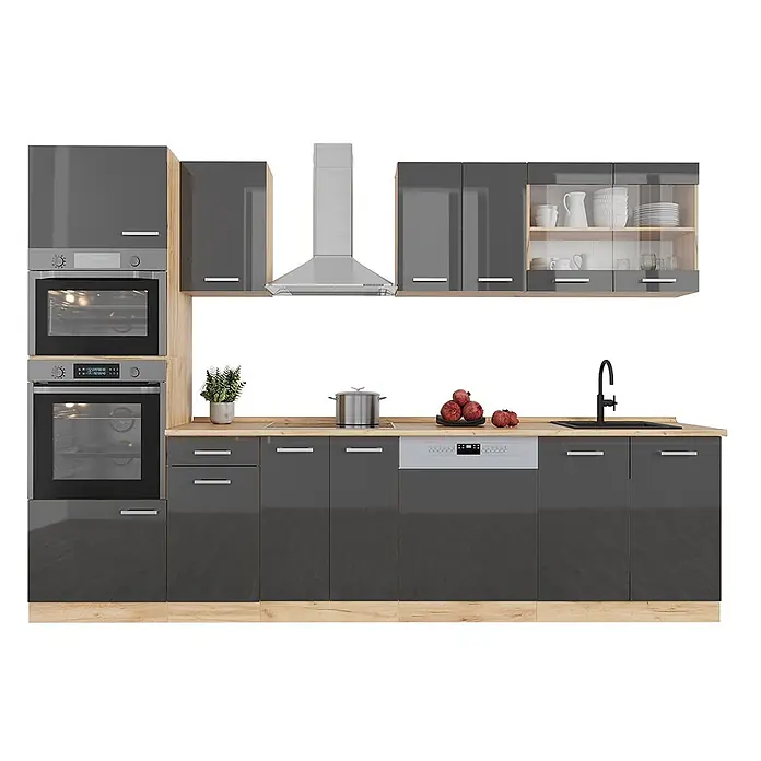 Vicco Küchenzeile R-Line, Anthrazit Hochglanz/Goldkraft Eiche, 300 cm -  - Dunkelgraue Hochglanz-Küchenschränke mit hellen Holz-Arbeitsplatten, integrierte Öfen, Kochfeld und Geschirrspüler.