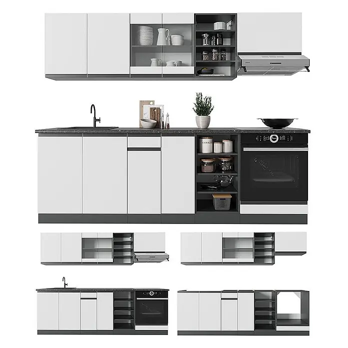 Vicco Küchenzeile R-Line, Weiß/Anthrazit, 240 cm -  - Ein modernes modulares Küchenset mit weißen Schränken, dunklen Arbeitsplatten, integriertem Backofen und Spüle.